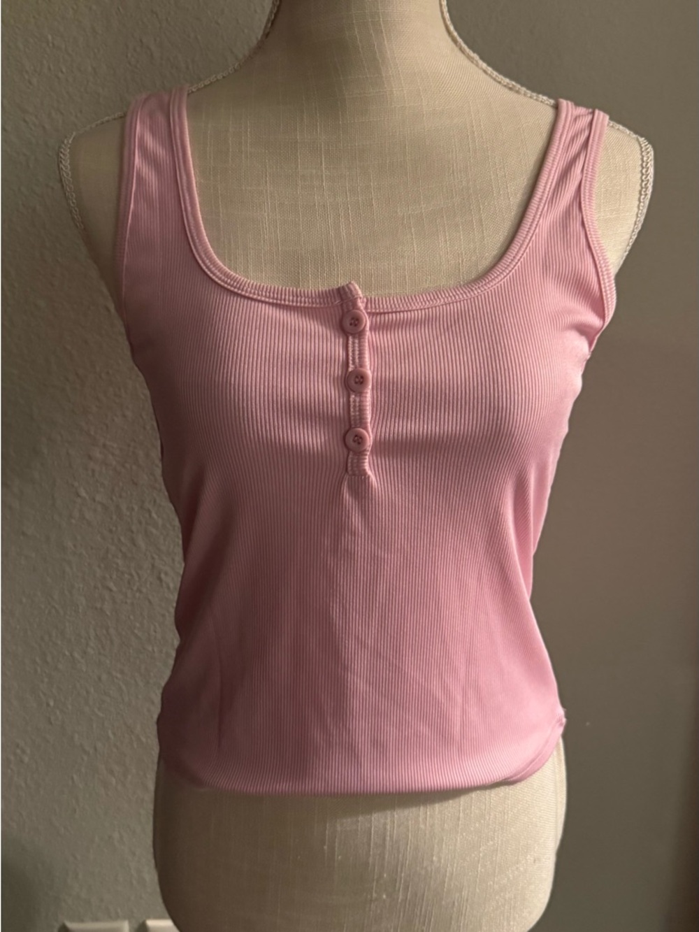 Classic Ribbed Henley Tank Top - Light Pink